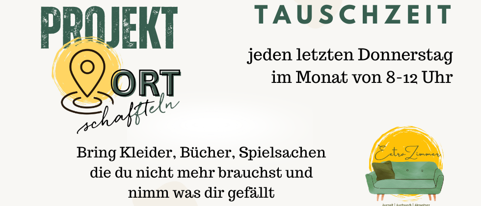 Projekt Tauschzeit Logo. Bringe Kleidung, Bücher, Spielzeug, die du nicht mehr brauchst und nimm, was dir gefällt. Jeden letzten Donnerstag im Monat von 8-12 Uhr.