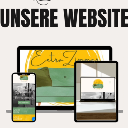 Eine Werbung für eine Website, die einen Laptop, ein Smartphone und ein Tablet zeigt und die Benutzeroberfläche der Website präsentiert. Die Website heißt 'Unsere Website'.