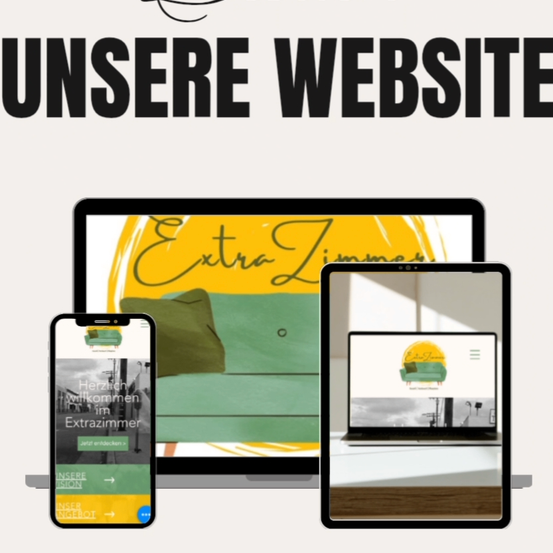 Eine Werbung für eine Website, die einen Laptop, ein Smartphone und ein Tablet zeigt und die Benutzeroberfläche der Website präsentiert. Die Website heißt 'Unsere Website'.