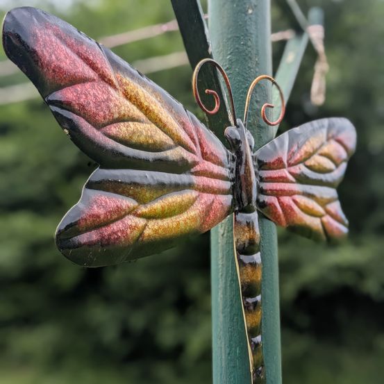 Ein Nahaufnahme einer farbenfrohen metallischen Libelle, die auf einem grünen Pfosten sitzt, mit einem unscharfen Hintergrund von Bäumen.