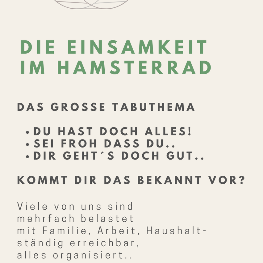 Ein Bild mit dem Titel 'Die Einsamkeit im Hamsterrad' thematisiert die Isolation im Hamsterrad. Es listet Phrasen wie 'Du hast doch alles!' und fragt, ob diese Situation bekannt ist. Es bespricht, wie viele von Familie, Arbeit und Haushalt überfordert sind, doch alles organisiert ist.