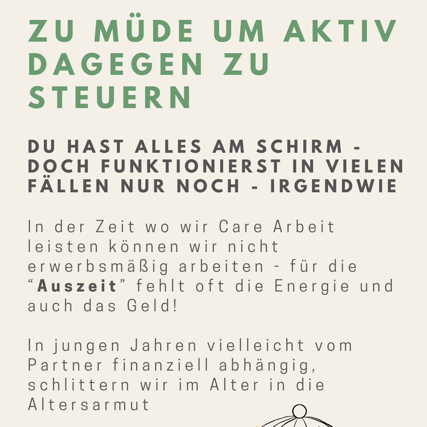 Das Bild zeigt den Text 'Zu müde um aktiv dagegen zu steuern'. Darunter steht eine motivierende Botschaft, dass man trotz allem am Schirm oft noch funktionsfähig ist. Es wird der Mangel an Energie und Geld für die Arbeit in der Freizeit hervorgehoben. Außerdem wird die finanzielle Abhängigkeit von Partnern in jungen Jahren und der Übergang in die Altersrüstung erwähnt.