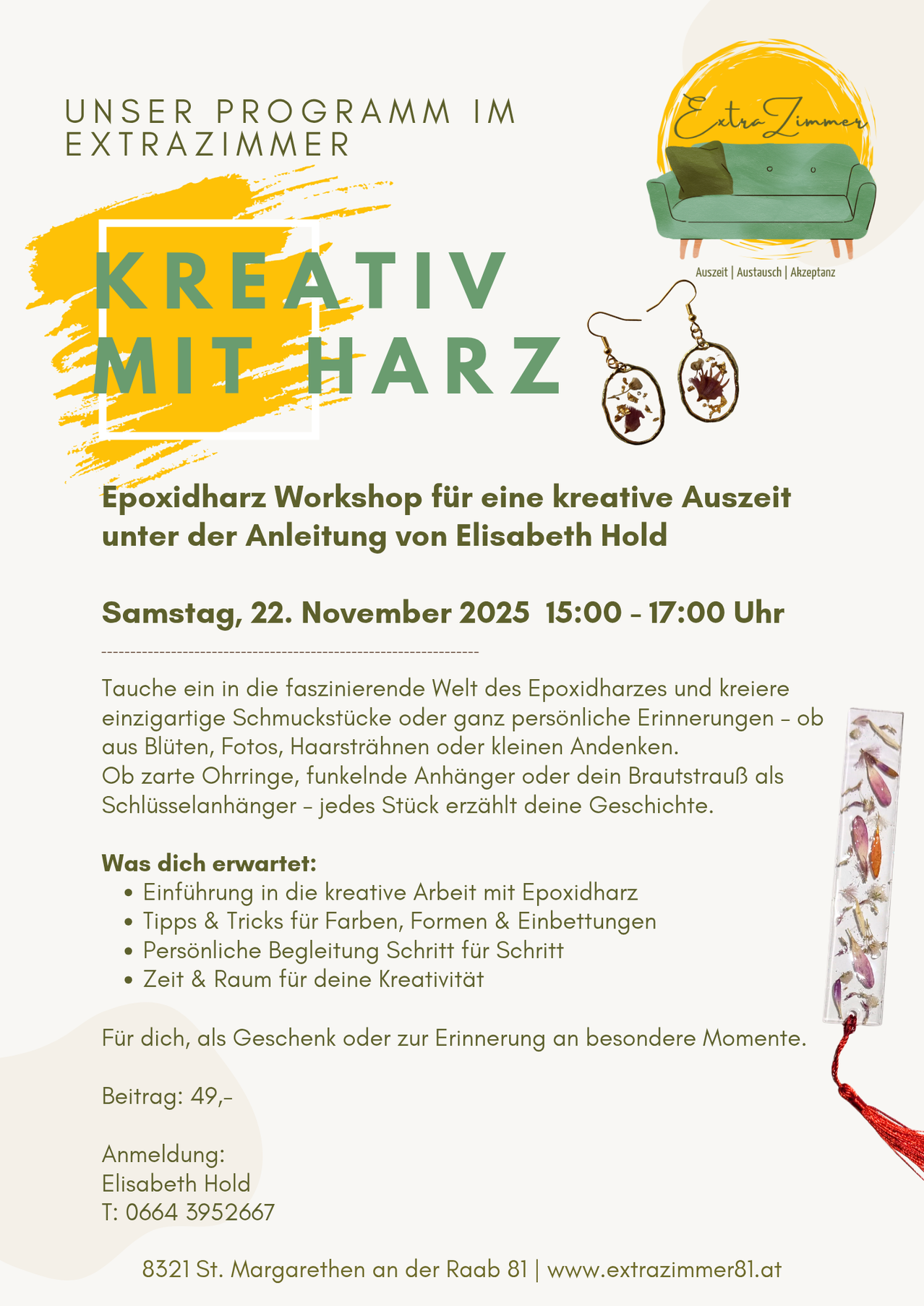 Ein Werbeposter für ein kreatives Epoxidharz-Workshop unter der Leitung von Elisabeth Hold. Datum und Uhrzeit sind Samstag, 22. November 2025, von 15:00 bis 17:00 Uhr. Es beinhaltet einzigartige Gegenstände aus Blumen, Fotos oder Erinnerungen.