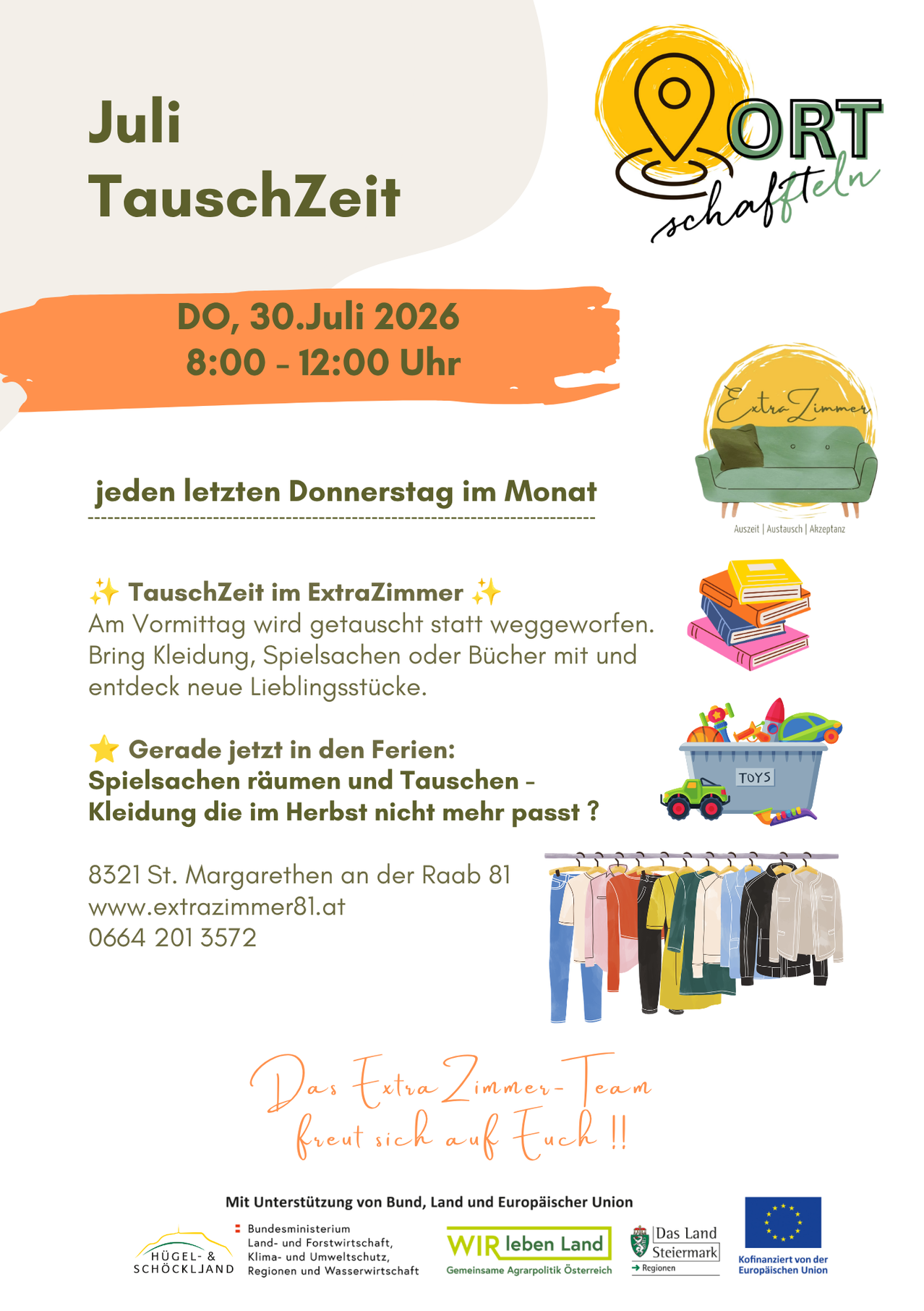 Ein Plakat für die TauschZeit im ExtraZimmer, das Teilnehmer einlädt, Kleidung, Spielzeug oder Bücher zum Tauschen mitzubringen. Die Veranstaltung findet jeden letzten Donnerstag im Monat statt. Der Veranstaltungsort ist 8521 St. Margarethen an der Raab 81. Kontaktinformationen und Webseite sind angegeben.