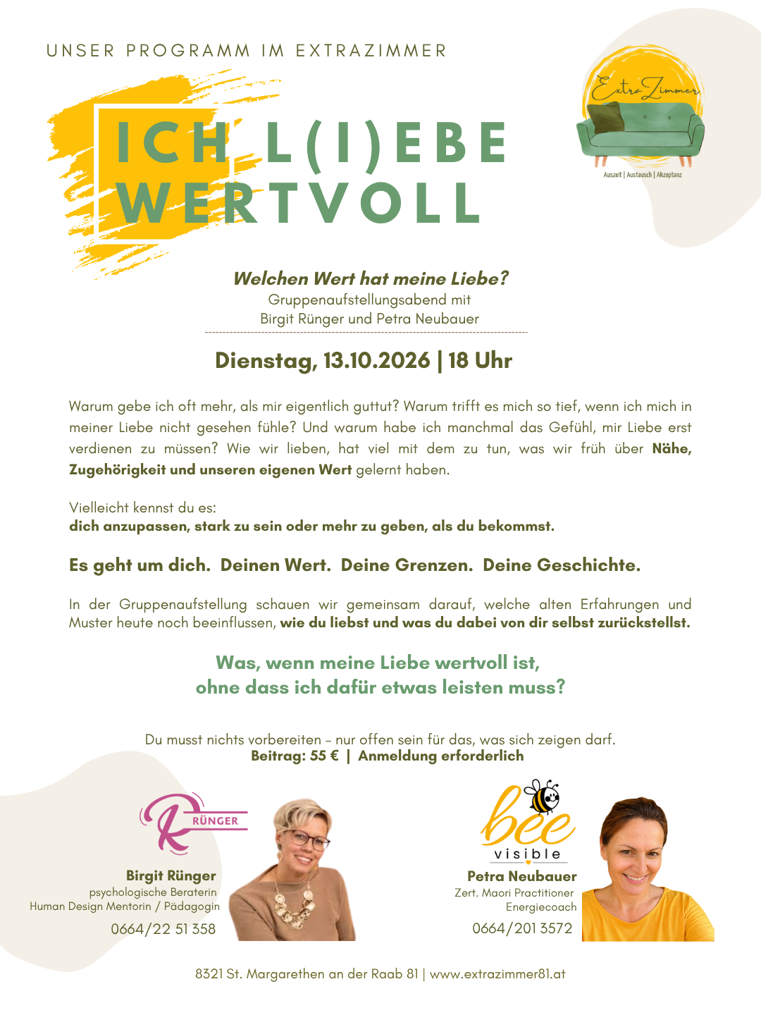 Ein Plakat für eine Gruppensitzung mit dem Titel 'Ich liebe wertvoll' mit zwei Frauen und einer Couch.