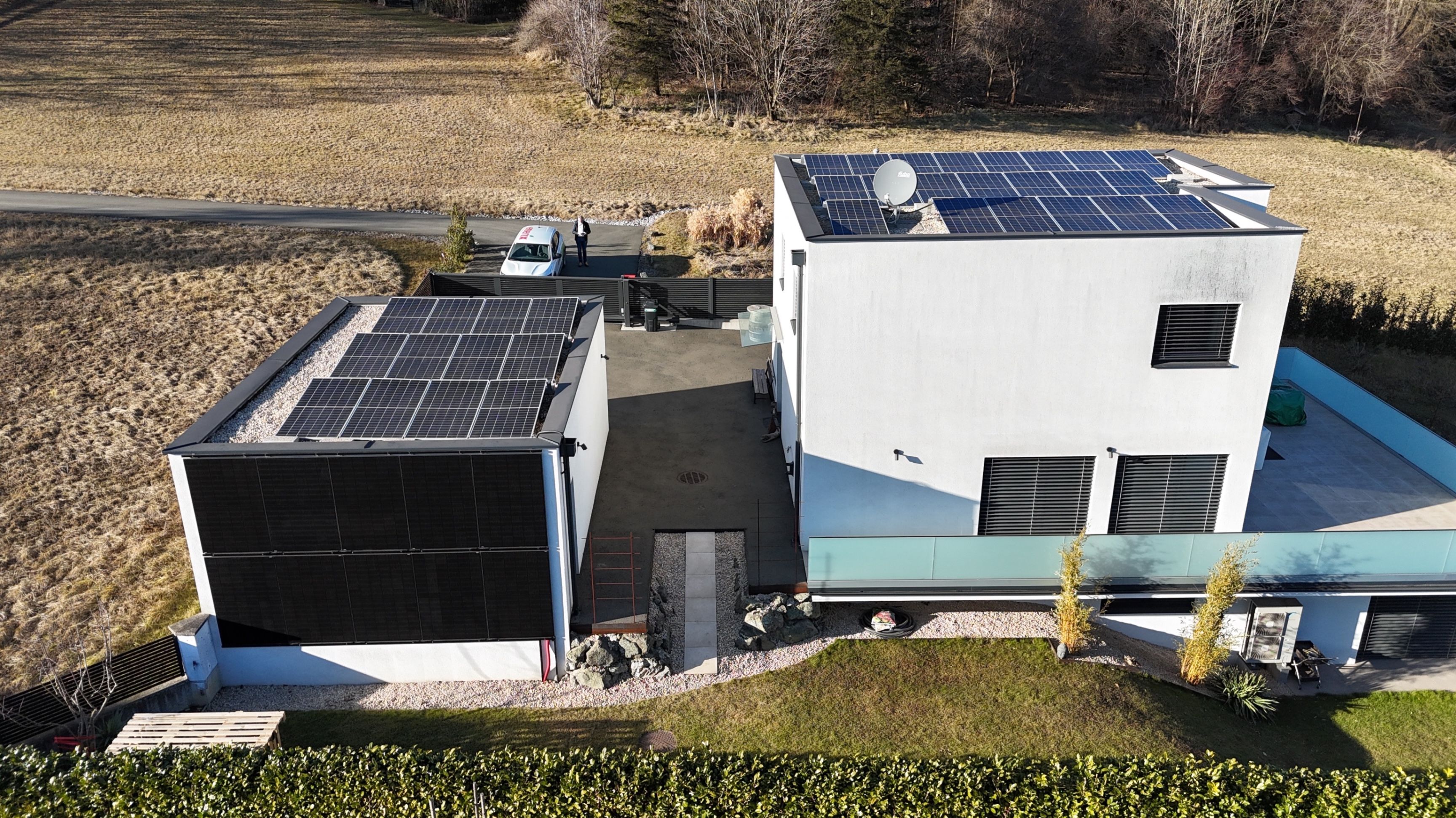 Outdoors, Aerial View, Electrical Device, Person, Solar Panels, Car, Transportation, Vehicle