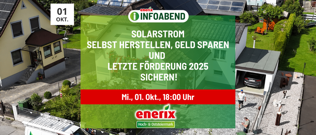 Werbung für eine Solarenergie-Infoveranstaltung. Häuser mit Solarpanelen. Datum und Uhrzeit erwähnt. Enetrix-Logo vorhanden.