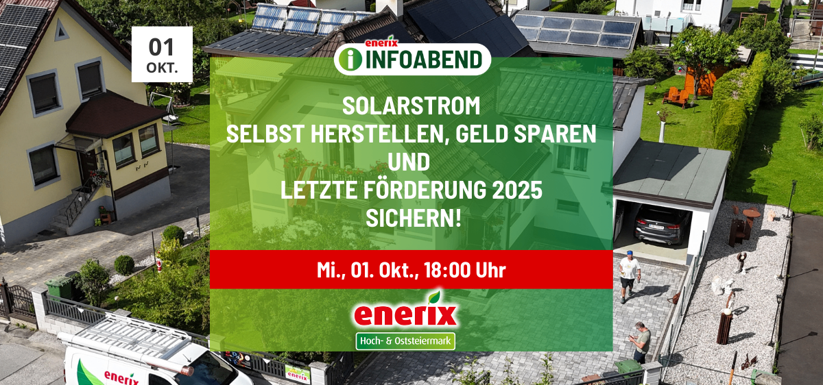 Werbung für eine Solarenergie-Infoveranstaltung. Häuser mit Solarpanelen. Datum und Uhrzeit erwähnt. Enetrix-Logo vorhanden.