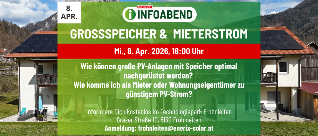 Ein Plakat bewirbt einen Infoabend am 8. April 2026. Das Event dreht sich um die optimale Nutzung großer PV-Anlagen mit Speicher und wie Mieter oder Eigentümer von günstigen PV-Strom profitieren können.