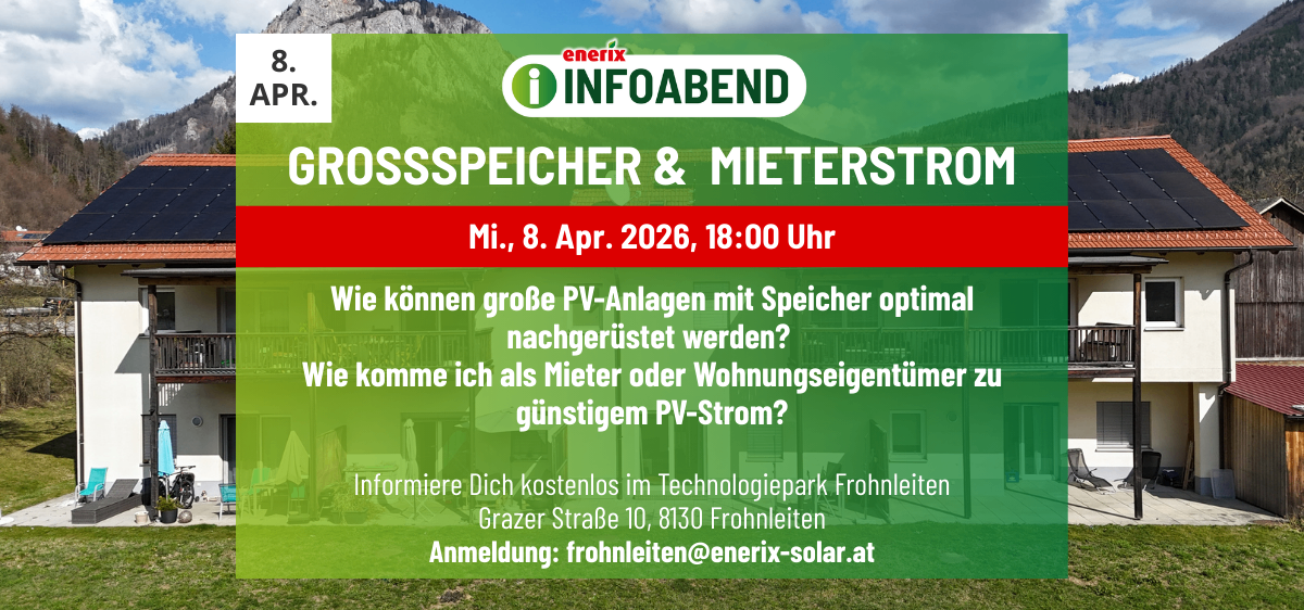Ein Plakat bewirbt einen Infoabend am 8. April 2026. Das Event dreht sich um die optimale Nutzung großer PV-Anlagen mit Speicher und wie Mieter oder Eigentümer von günstigen PV-Strom profitieren können.