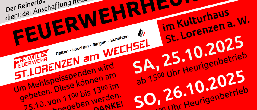 Veranstaltungsplakat für eine Weinprobe der Freiwilligen Feuerwehr St. Lorenz mit einem Weinglas und einer Speiseplatte. Die Veranstaltung findet am 25.10.2025 um 15:00 Uhr statt.
