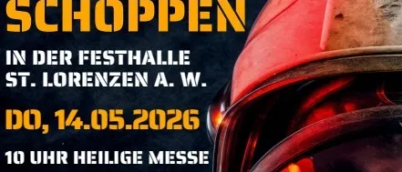 Plakat für das Floriani Fruh Schoppen-Event. Helm, Logo und Datum 14.05.2026 um 10 Uhr. Ort: Festhalle St. Lorenzen A. W.