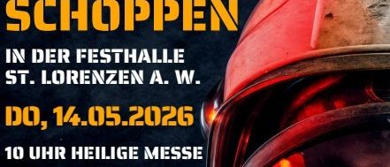 Plakat für das Floriani Fruh Schoppen-Event. Helm, Logo und Datum 14.05.2026 um 10 Uhr. Ort: Festhalle St. Lorenzen A. W.