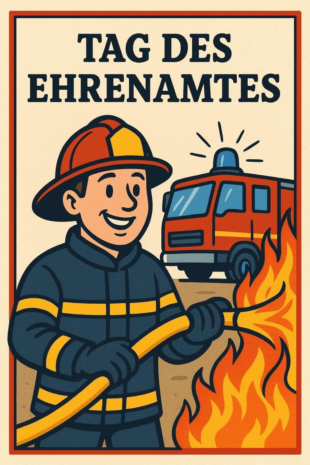 Eine Illustration eines lächelnden Feuerwehrmanns mit einem Feuerlöscher, der ein Feuer löscht. Hinter ihm steht ein Feuerwehrwagen mit blinkendem Licht. Der Titel lautet 'EHRENÄMTES'.