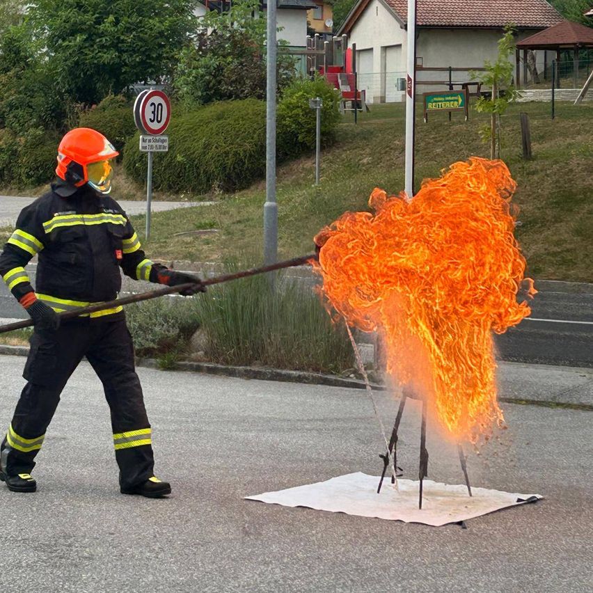 A firefighter in full gear is using a long hose to extinguish a controlled fire on a street.