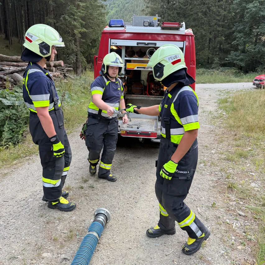 Drei Feuerwehrleute in voller Ausrüstung stehen in einem Waldgebiet neben einem Feuerwehrauto, einer hält ein Werkzeug.