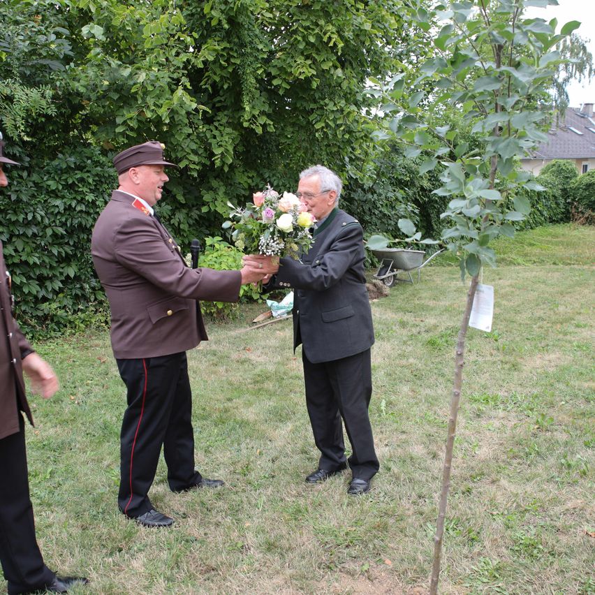 Two men in suits, one holding flowers, standing by a newly planted tree in a garden.