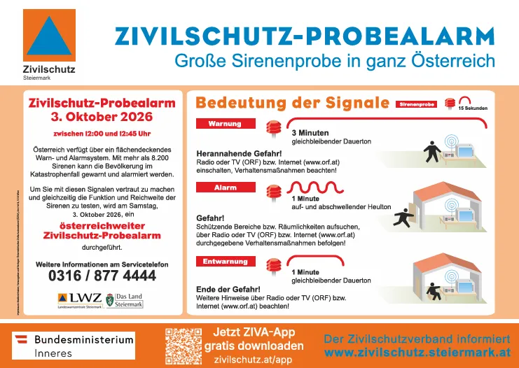 Plakat für eine landesweite Zivilschutzprobealarmierung in Österreich am 3. Oktober 2026 mit Anweisungen und Signalen für die Übung.
