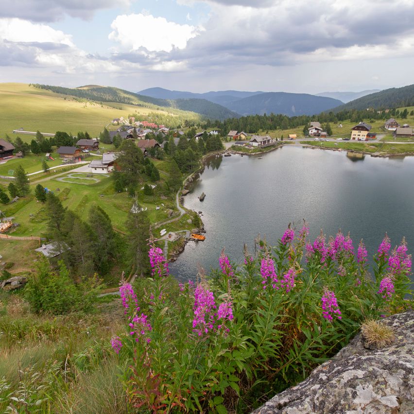 Eine szenische Luftaufnahme eines friedlichen Dorfes in den Bergen, umgeben von üppigem Grün und einem ruhigen See.
