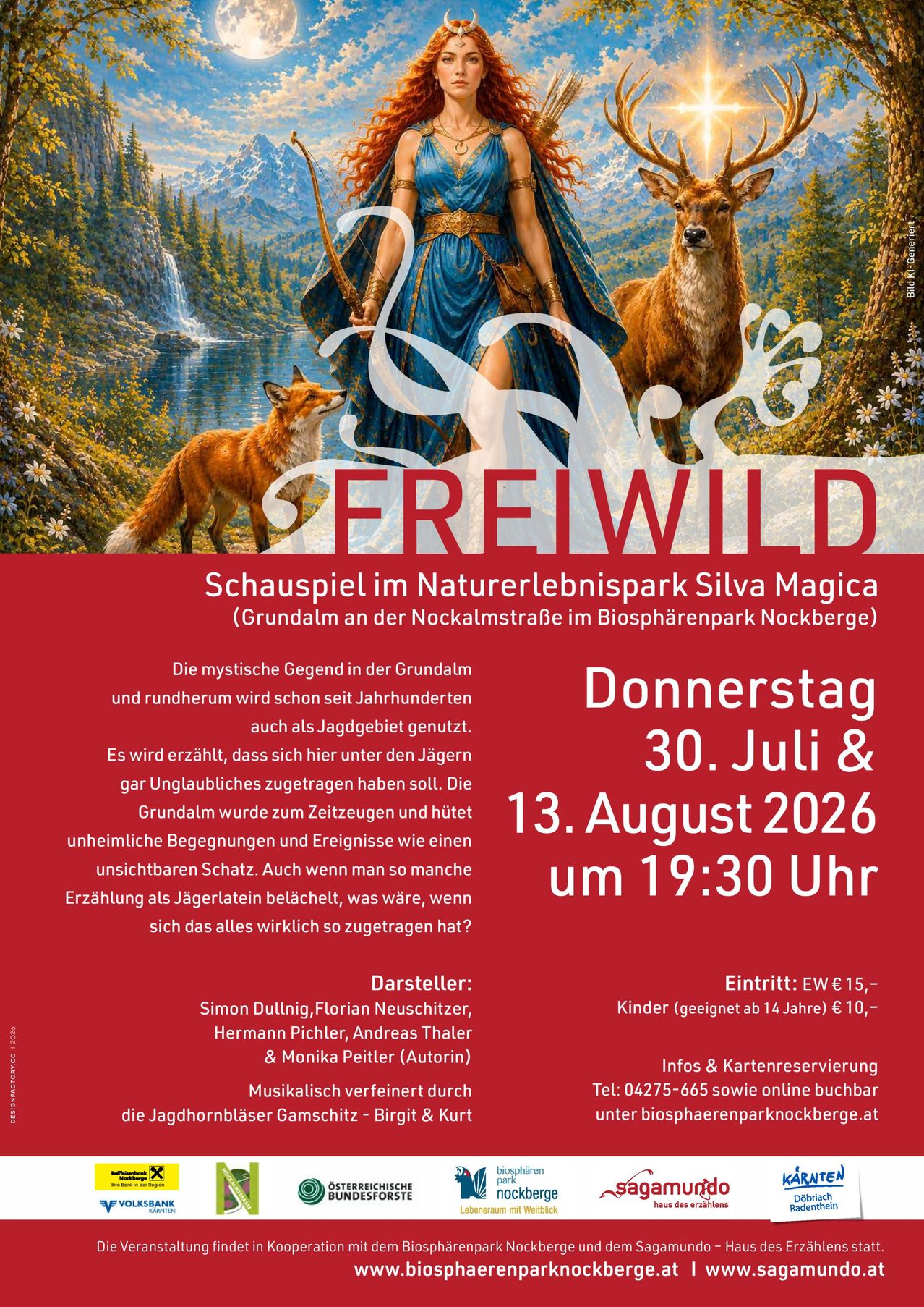 Plakat für Freiwild, ein Natur-Themenspiel im Silva Magica Park. Es zeigt eine Frau in mittelalterlicher Kleidung und Tiere. Daten und Ticketpreise sind aufgeführt.