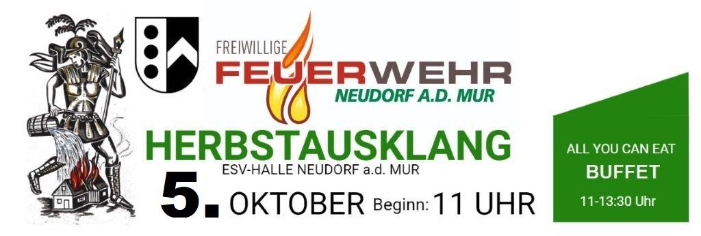 Plakat für das Herbsttauskklang-Event der Freiwilligen Feuerwehr Neudorf a.d. Mur am 5. Oktober, Beginn um 11 Uhr in der ESV-Halle Neudorf a.d. Mur.
