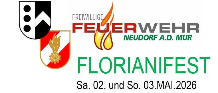 Florianfest-Plakat für Neudorf a.d. Mur, mit einem Feuerwehrauto, mit Veranstaltungsdetails für den 2. und 3. Mai 2026.
