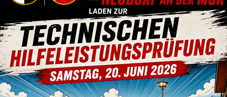 Plakat für eine technische Hilfsleistungsprüfung am 20. Juni 2026. Feuerwehrleute sind auf einer Straße mit Feuerwehrautos abgebildet, einer hält ein Schild. Die Veranstaltung umfasst drei Treffengruppen, ein Programm und Essen.