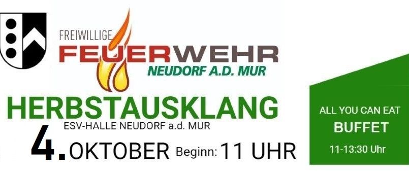 Ein Plakat für die Freiwillige Feuerwehr Neudorf a.d. Mur's Herbstausklang-Veranstaltung am 4. Oktober. Das Plakat zeigt eine Zeichnung eines römischen Soldaten mit Helm und Schild, ein Feuersymbol und die Texte 'Herbstausklang' und '4. Oktober Beginn: 11 Uhr'.