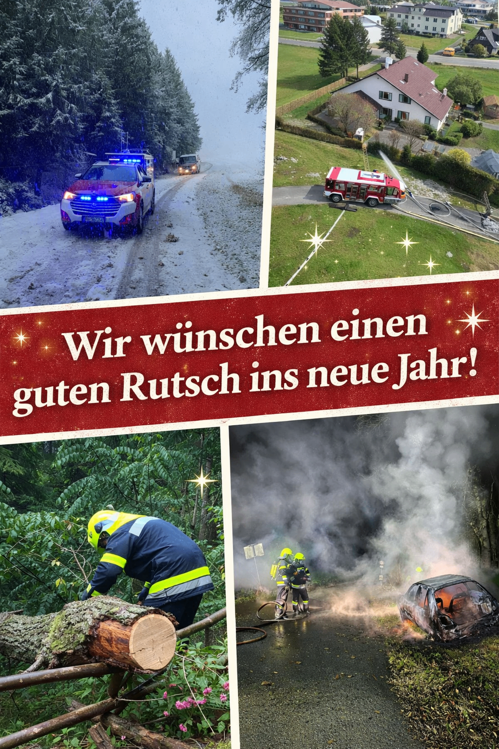 Eine Collage von Notfallszenen: Ein Feuerwehrwagen auf verschneiten Straßen, Feuerwehrleute löschen ein Feuer und ein Feuerwehrwagen sprüht Wasser auf ein Haus. Ein roter Banner lautet 'Wir wünschen Ihnen ein gutes neues Jahr.'
