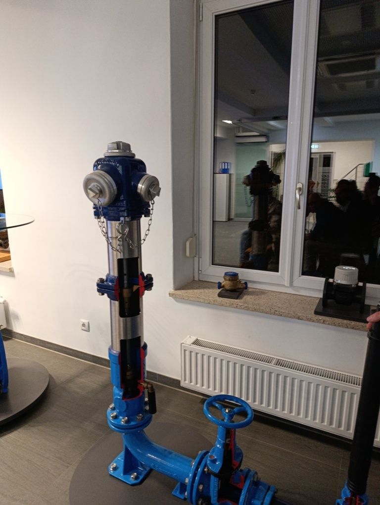 Ein blauer Feuerhydrant wird in einem Raum mit weißer Wand, Fenster und Heizkörper ausgestellt. Eine Person ist teilweise im Fenster sichtbar.