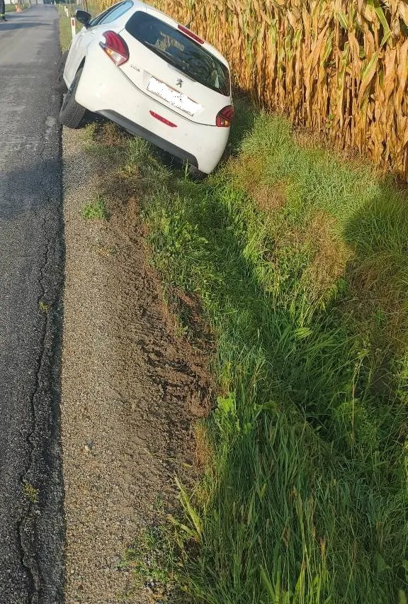 Ein weißes Auto ist an der Seite einer Straße umgekippt, in der Nähe eines Maisfeldes.