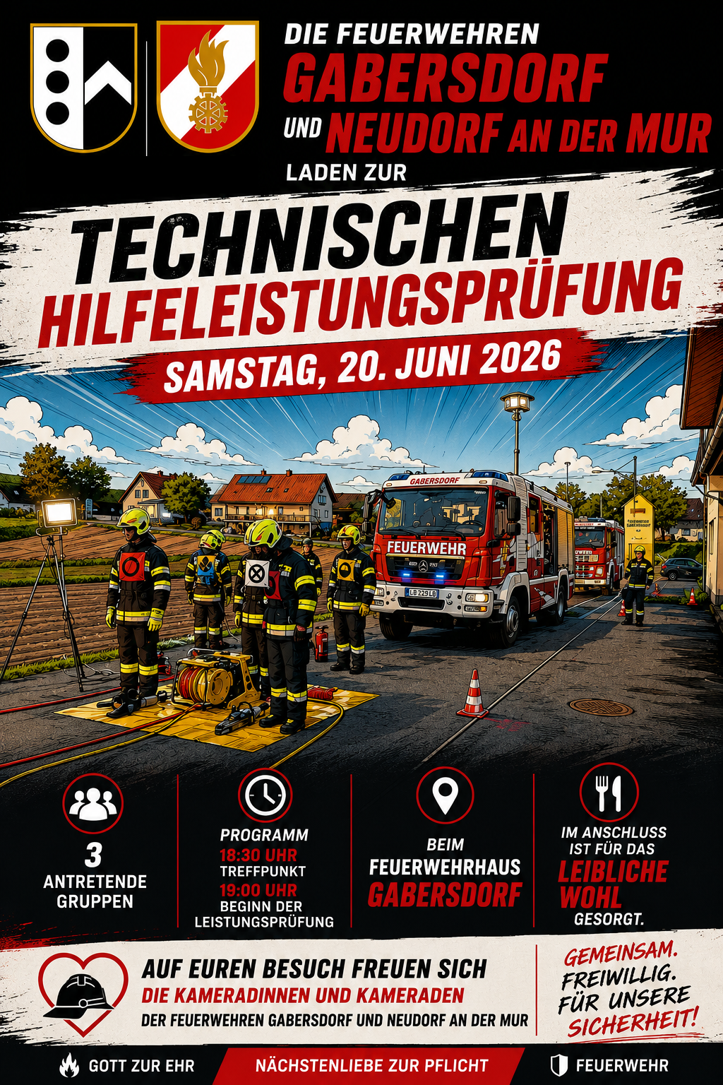 Poster for technical assistance test. Date: June 20, 2026. Firefighters and fire trucks are shown. Program: 18:30 meeting point, 19:00 start. Location: Fire station Gabersdorf.