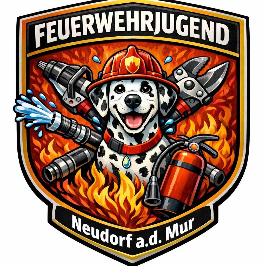 Ein Feuerwehrlogo mit einem Dalmatiner-Feuerwehrhund in rotem Helm, der einen Feuerlöscher und eine Wasserspritze hält, die auf ein Feuer spritzt. Der Text lautet 'Feuerwehrjugend Neudorf a.d. Mur.'