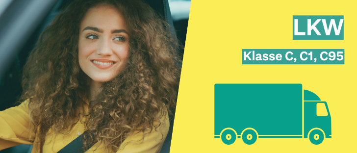 Eine lächelnde Frau mit lockigem Haar in einer gelben Jacke sitzt in einem Auto mit gelbem Hintergrund und einem grünen LKW-Symbol mit dem Text 'LKW Klasse C, C1, C95'.