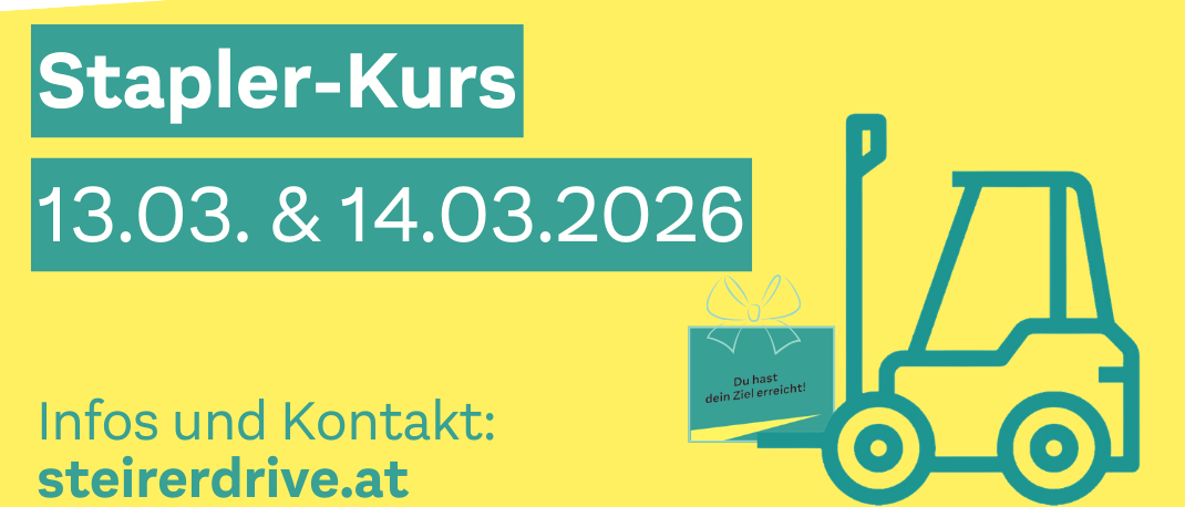 Plakat für 'Fahrschule Stierer Drive' kündigt einen Heftklammer-Kurs am 13. und 14. März 2026 an. Beinhaltet Kontaktinformationen und eine Gabelstapler-Illustration.