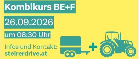 Plakat für die Steirer Drive Veranstaltung, mit einem Traktor und Anhänger, Datum 26.09.2026, Zeit 08:30, und Kontaktinfos unter steirerdrive.at.