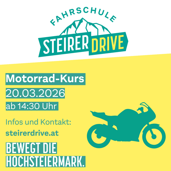 Plakat für einen Motorradkurs mit dem Text 'Motorrad-Kurs 20.03.2026 ab 14:30 Uhr'. Unten befindet sich eine Website für weitere Informationen.
