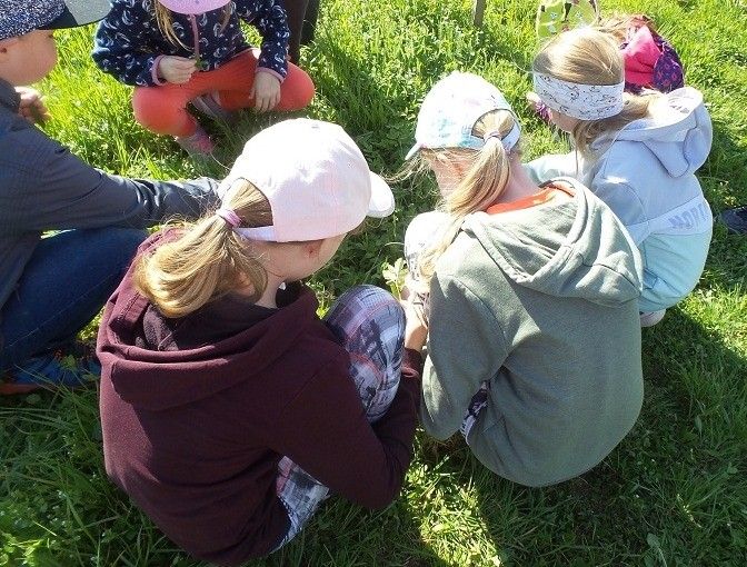 Mehrere junge Mädchen sitzen im Kreis auf dem Gras. Sie tragen Mützen, Hoodies und einige haben Stirnbänder. Sie scheinen eine Aktivität oder eine Gruppendiskussion durchzuführen.