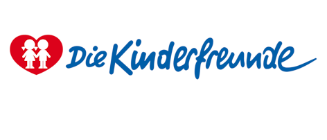 Das Logo von Die Kinderfreunde mit einem roten Herzen, zwei weißen Kindern darin und blauem kursiven Text.