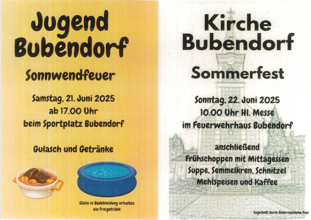Das Plakat bewirbt zwei Veranstaltungen in Bubendorf. Am 21. Juni 2025 um 17:00 Uhr gibt es ein Dorffest auf dem Sportplatz. Am 22. Juni 2025 um 10:00 Uhr findet ein Sommerfest im Feuerwehrhaus statt.