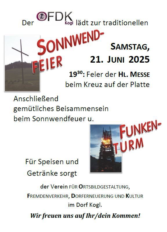 Plakat für das traditionelle Sonnenwende-Feuer in Kogl, Österreich, am 21. Juni 2025. Zeigt ein Bild des Feuers und Details zur Veranstaltung, einschließlich einer Heiligen Messe und anschließendem Beisammensein.