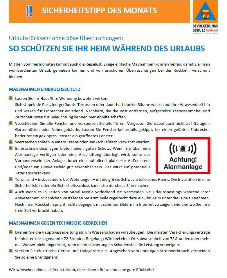 Das Bild bietet Tipps zum Schutz des eigenen Zuhauses während des Urlaubs. Es empfiehlt, ein Licht anzulassen, Türen abzuschließen, Fenster zu schließen und eine Alarmanlage zu nutzen. Es rät auch davon ab, Urlaubsupdates in sozialen Medien zu posten.