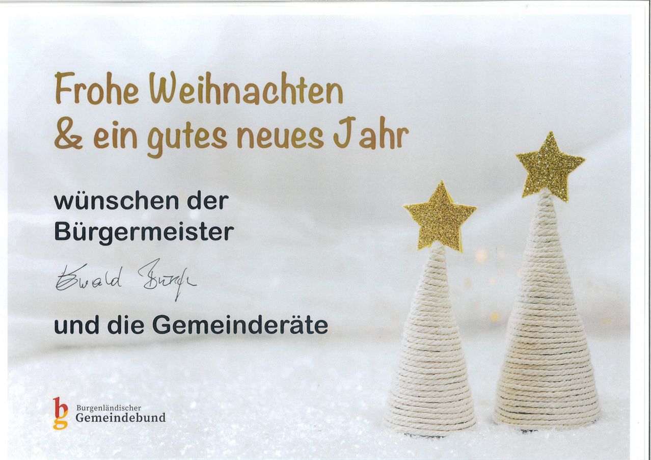 Ein Weihnachtsgruß des Bürgermeisters mit zwei goldenen Sternen auf Weihnachtsbäumen wünscht allen ein frohes neues Jahr. Die Karte ist mit Schnee bedeckt.