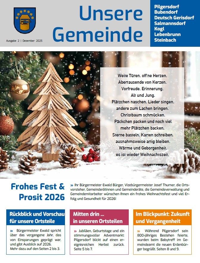 Ein Gemeinde-Newsletter vom Dezember 2025 mit einem Weihnachtsbaum, festlichen Dekorationen und warmen Wünschen für das kommende Jahr. Es hebt Gemeindeveranstaltungen und einen Rückblick auf das vergangene Jahr hervor.