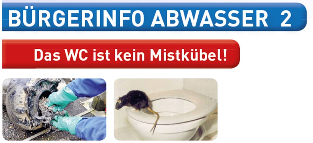 The image shows a mouse on a toilet seat and a hand in blue gloves. The text reads 'RINFO ABWAS' and 'C ist kein Mistkübel!' in German.