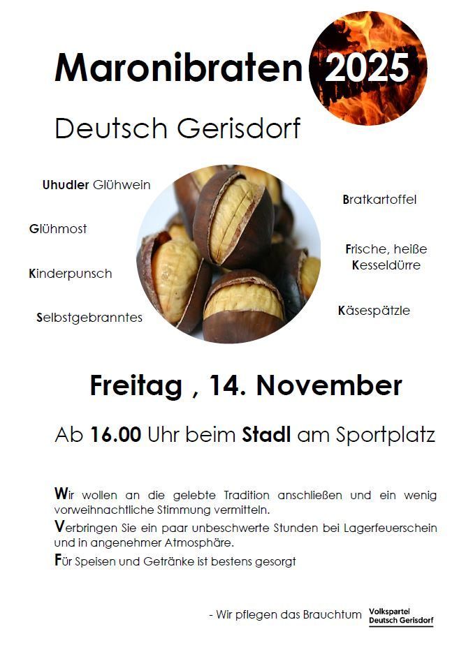 Ein Plakat bewirbt ein Kastanienbraten-Event am 14. November mit gerösteten Kastanien und verschiedenen Getränken. Die Veranstaltung findet auf dem Sportplatz statt.