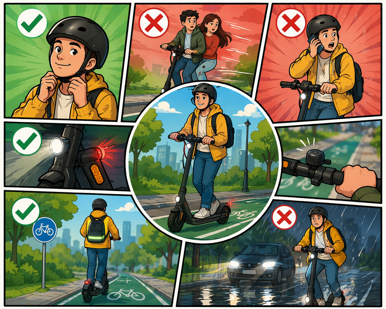 Illustrationen von Rollerfahrern mit Sicherheitstipps. Einer trägt einen Helm, ein anderer benutzt Lichter. Einige fahren auf dem Bürgersteig, während einer telefoniert.