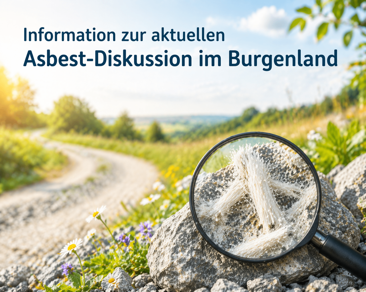 Ein Weg in einem Feld mit Blumen und einer Lupe auf einem Felsen mit einem Kreuzsymbol. Der Text lautet 'Information zur aktuellen besten Diskussion im Burgenland.'