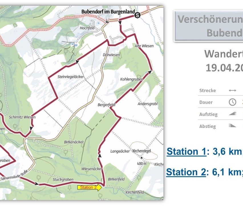 Eine Karte von Bubendorf im Burgenland zeigt Wanderwege. Zwei Stationen sind mit Höhenunterschieden aufgelistet.