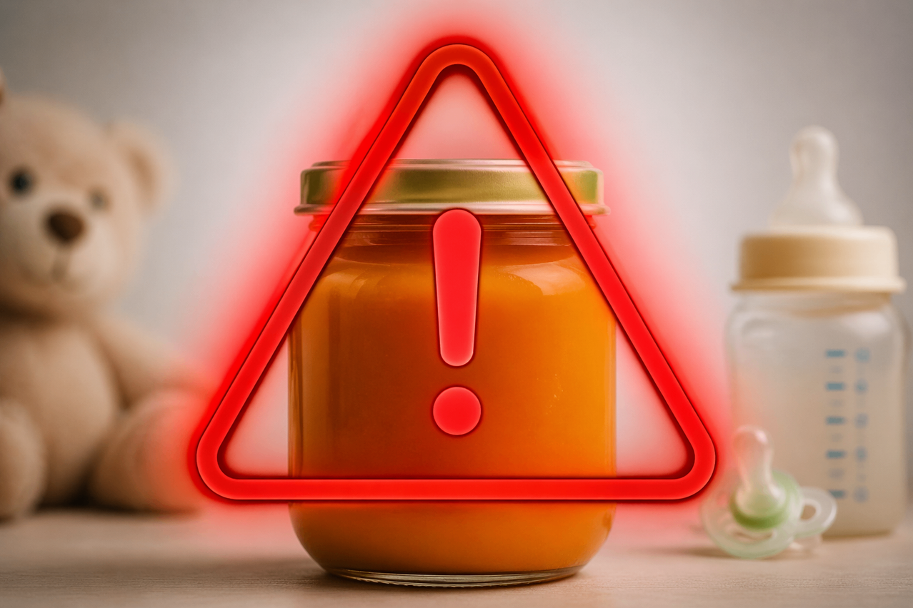 Ein Glas mit orangefarbener Babynahrung mit einem roten Dreiecks-Warnzeichen über dem oberen Teil.